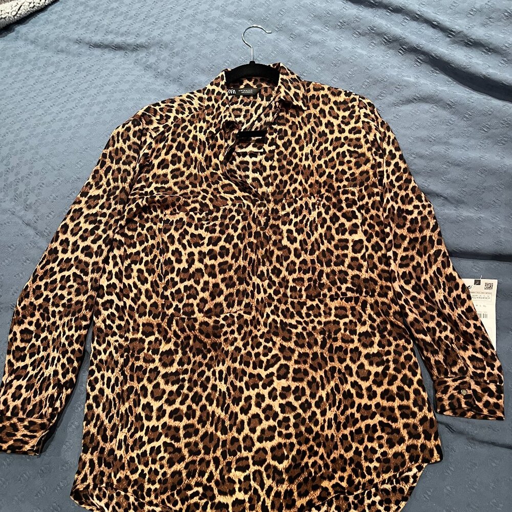 Leopard print oversized half button down shirt